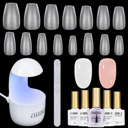 Picture of AILLSA Nail Tips and Glue Gel Kit Short Coffin Nail Tips 240pcs with 2 In 1 Nail Glue Base Coat and Nail Dehydrator, Soft Gel Extension Nail Kit with U V Light Top Coat for DIY Home Salon