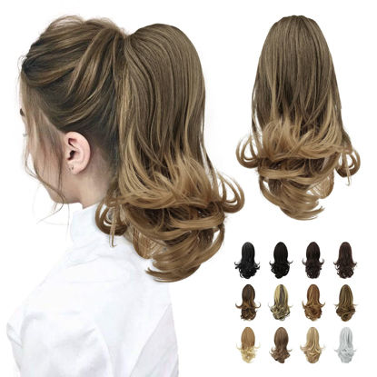 Picture of SOFEIYAN 13" Ponytail Extension Long Curly Ponytail Clip in Claw Hair Extension Natural Looking Synthetic Hairpiece for Women, Ash Brown to Blonde