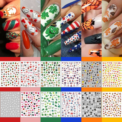 Picture of TailaiMei 20 Sheet All Holidays Nail Art Stickers, Mixed Seasons Variety Pack for Halloween Fall Christmas Valentine's Day Nail Decals, Self-Adhesive Design Year Round Assorted Nail Decorations