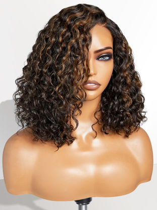 Picture of LUVME HAIR 12" Curly Glueless Wigs Human Hair Pre Plucked Pre Cut, Undetectable HD Lace Curly Bob Wig Human Hair Short Black Wig with Blonde Highlights Ready to Go Wig 180 Density