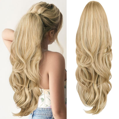 Picture of CHRSHN Blonde Ponytail Extension, Drawstring Ponytail Extension for Women 26 Inch Long Wavy Highlights Pony Tails Hair Extensions Synthetic Clip in Ponytail Hairpiece for Women(H24/88)