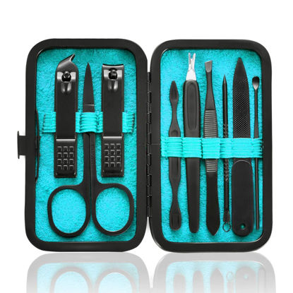 Picture of HANTEKAS Manicure Set 9 in 1 Stainless Steel, Nail Clippers Scissors Pedicure Tools Kit - Portable Travel Grooming Kit for Men and Women with Black/Blue Leather Case (Blue)