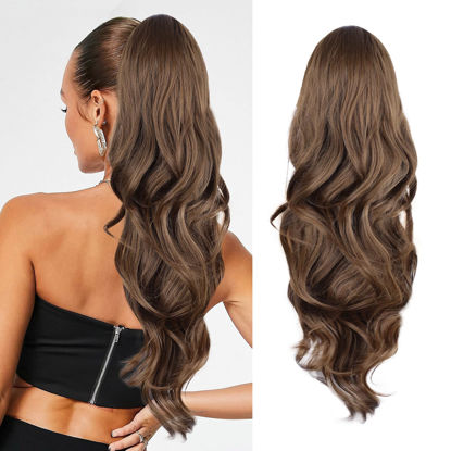 Picture of CHRSHN Ponytail Extension, Drawstring Ponytail Extension for Women 26 Inch Long Wavy Light Brown Pony Tails Hair Extensions Synthetic Clip in Ponytail Hairpiece for Women