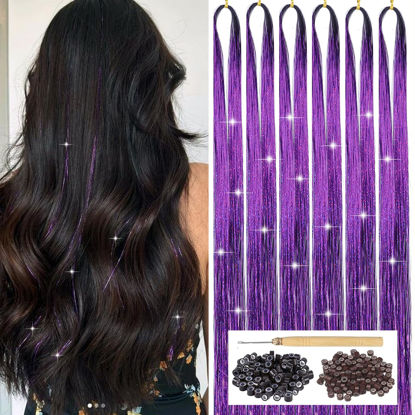 Picture of Purple Hair Tinsel Kit with Tool 6pcs 1200 Strands Glitter Tinsel Hair Extensions Heat Resistant Sparkling Shiny Fairy Hair Accessories for Women Girls Kids 47Inch