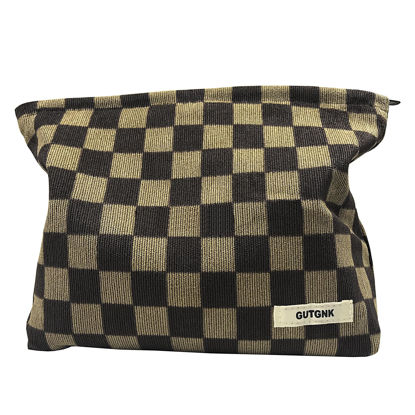 Picture of GUTGNK Women's Cosmetic Bag, Corduroy Checkerboard Travel Cosmetic Bag Small Cosmetic Bag Skin Care Cosmetic Changing Handy Bag Zipper Organizer