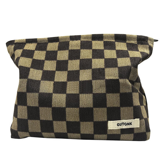 Picture of GUTGNK Women's Cosmetic Bag, Corduroy Checkerboard Travel Cosmetic Bag Small Cosmetic Bag Skin Care Cosmetic Changing Handy Bag Zipper Organizer