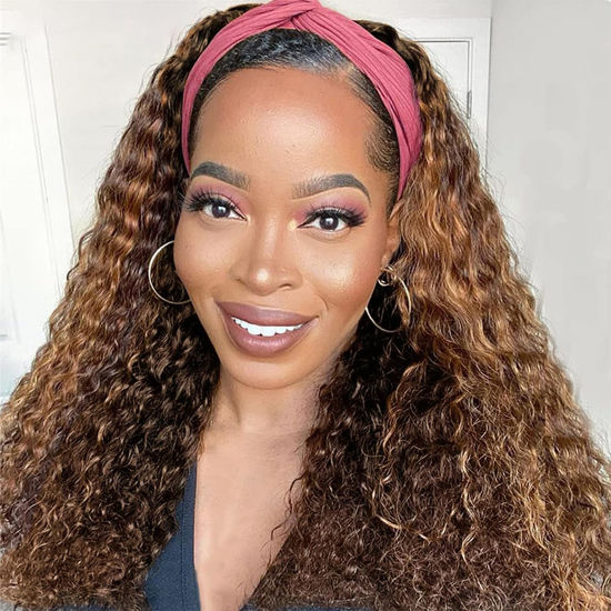 Picture of Celiarita Ombre Headband Wig Human Hair Deep Wave Human Hair Wigs for Black Women Highlight Glueless None Lace Front Machine Made Brazilian Virgin Deep Wave Headband Wig Human Hair 16Inch