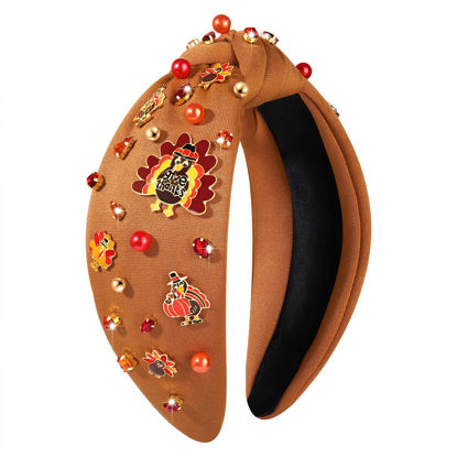 Picture of NVENF Thanksgiving Headband for Women Beaded Turkey Fall Headband Accessories Jeweled Pearl Rhinestone Knotted Headband Autumn Fall Thanksgiving Hair Accessory Outfits Holiday Gifts (Turkey 6)