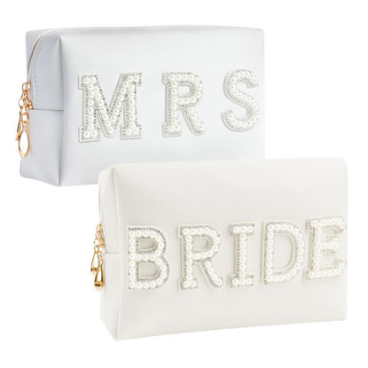 Picture of 2PCS Bride to be Patch Letter Makeup Bag Bridal Shower Gifts for Engagement Wedding Bachelorette Bridesmaid Gifts for Bride Mrs Pearl Rhinestone Travel Bag White PU Leather Make Up Bag Pouch for Purse