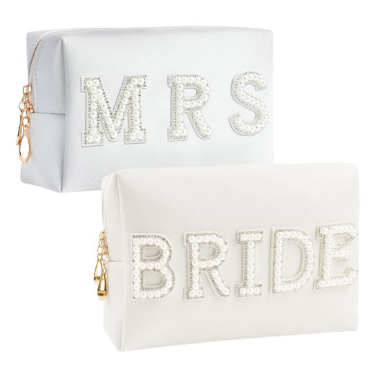 Picture of 2PCS Bride to be Patch Letter Makeup Bag Bridal Shower Gifts for Engagement Wedding Bachelorette Bridesmaid Gifts for Bride Mrs Pearl Rhinestone Travel Bag White PU Leather Make Up Bag Pouch for Purse