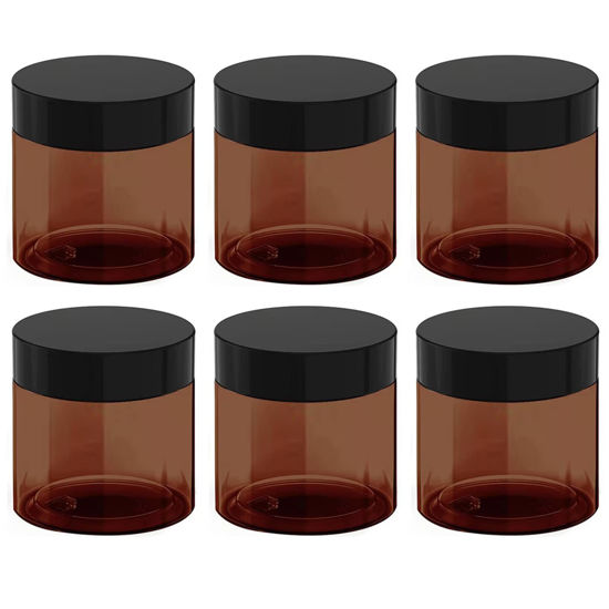 Picture of 12 oz Amber Plastic Cosmetic Jars Leak Proof Container with Black Lid for Cream, Lotion, Powder, ointment, Beauty Products etc, 6 Pcs.