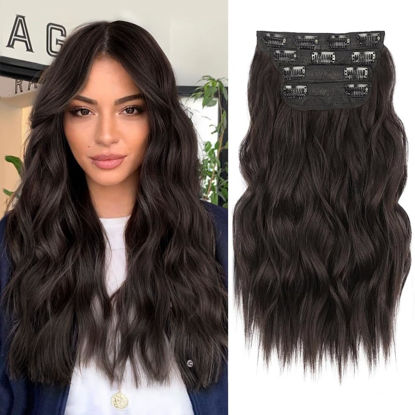 Picture of ALXNAN Clip in Long Wavy Synthetic Hair Extension 16 Inch Dark Brown 4PCS Thick Hairpieces Fiber Double Weft Hair for Women