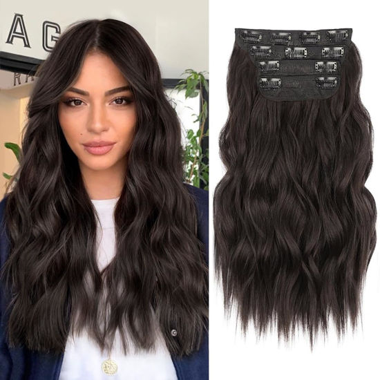 Picture of ALXNAN Clip in Long Wavy Synthetic Hair Extension 16 Inch Dark Brown 4PCS Thick Hairpieces Fiber Double Weft Hair for Women