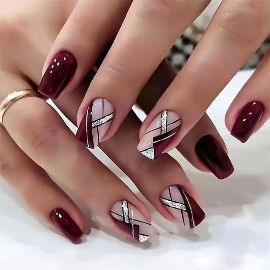 Picture of RUOKEXIN Acrylic Press on Nails, 24Pcs Medium Square Fake Nails with Glue, Wine Red Designs, Glitter Lines, Holiday Nails Stick on Nails for Women