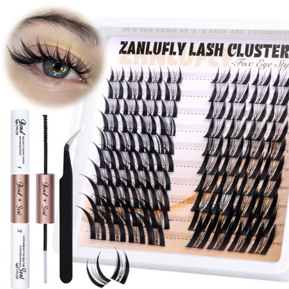 Picture of Lash Clusters Kit Fox Eye Lash Extension Kit Manga Cat Eye Individual Lashes Kit Wispy Natural DIY Eyelashes Clusters Extension Kit with Lash Bond and Seal Lash Applicator(8-18MM)