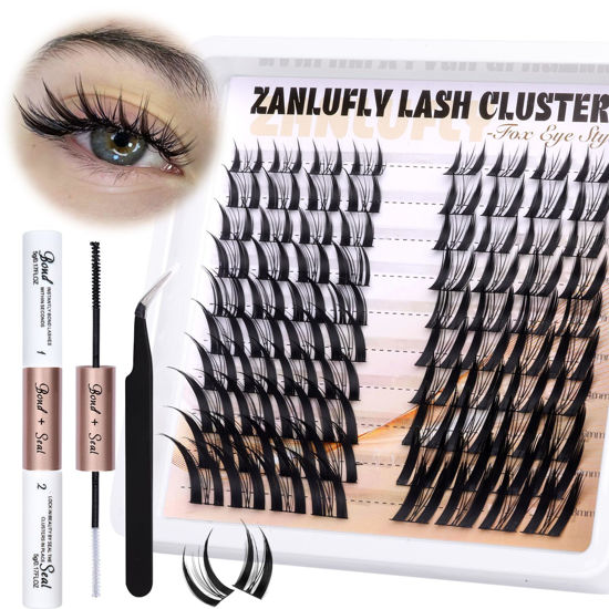 Picture of Lash Clusters Kit Fox Eye Lash Extension Kit Manga Cat Eye Individual Lashes Kit Wispy Natural DIY Eyelashes Clusters Extension Kit with Lash Bond and Seal Lash Applicator(8-18MM)