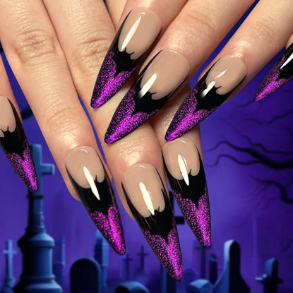 Picture of Halloween Fake Nails Long Stiletto Press on Nails French Tip False Nails with Bat Design Purple Glitter Press on Nails Shiny Acrylic Nails Full Cover Glossy Stick on Nails for Women Girls 24Pcs