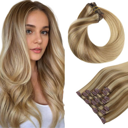 Picture of HOTBANANA Human Hair Clip in Hair Extensions, Balayage Coffee Brown Highlighted Sandy Blonde 120g Clip in Hair Extensions Real Human Hair Straight Remy Hair Clip in Hair Extensions 18 Inch 7pcs