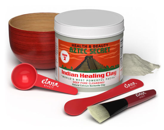 Picture of Aztec Secret Essential Indian Clay Mask Kit by Etana - 100% Natural Calcium Bentonite for Deep Pore Cleansing - Facial, Hair & Body Detox Set With Accessories