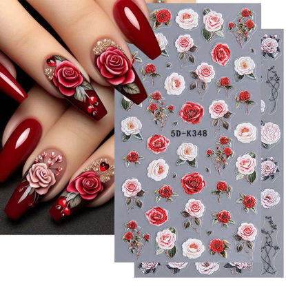 Picture of Rose Nail Stickers for Nail Art Embossed Flower Nail Art Sticker Valentine's Day Nail Art Supplies Red Rose Flower Retro Nail Design 5D Nail Adhesive Sticker Floral for Women Manicure Decoration 2Pcs