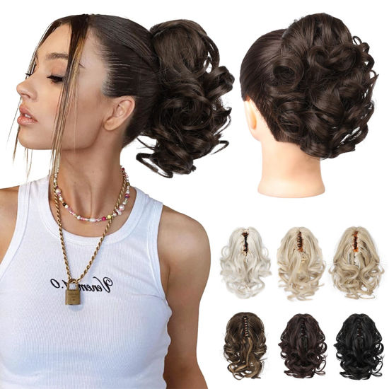 Picture of REECHO Ponytail Extension, 9" Claw Clip in Short Curly Wavy Pony Hair Extension Jaw Clip on Pony Tail HP001 Hairpiece for Women - Dark Chocolate Brown