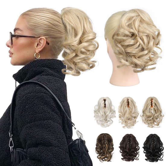 Picture of REECHO 9" Short Ponytail Extension, Classic Loose Curly Wavy Claw Clip Pony tails Hair Extensions HP001 Hairpieces for Women - Medium Blonde