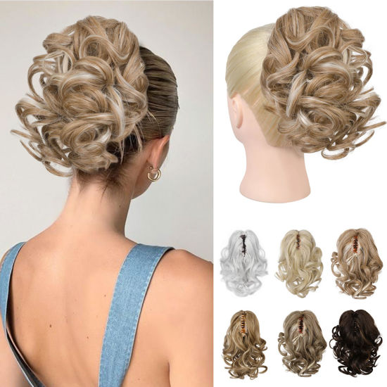 Picture of REECHO 9" Short Ponytail Extension, Classic Loose Curly Wavy Claw Clip Pony tails Hair Extensions HP001 Hairpieces for Women - Honey Blonde with Highlights