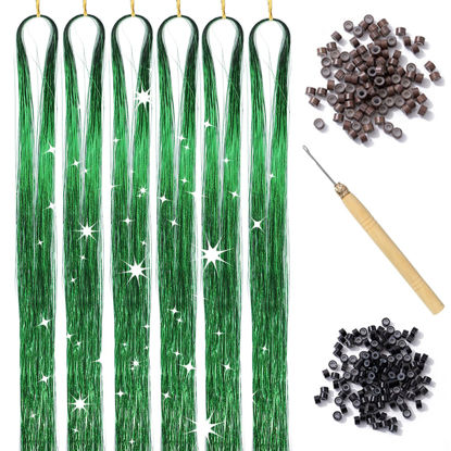 Picture of Green Hair Tinsel Kit with Tool 6pcs 1200 Strands Glitter Tinsel Hair Extensions Heat Resistant Sparkling Shiny Fairy Hair Accessories for Women Girls Kids 47Inch