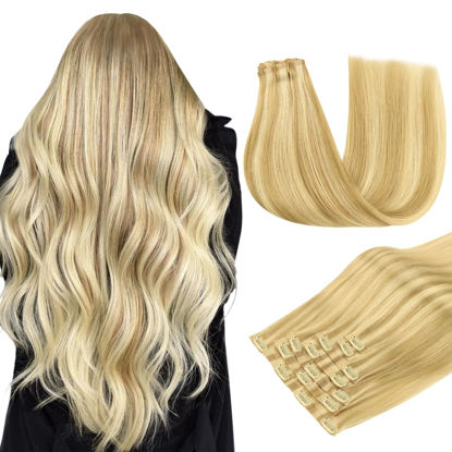 Picture of DOORES Seamless Clip in Hair Extensions Real Human Hair, DirtyBlonde Highlight Golden Blonde 16 Inch 110g 7pcs, Human Hair Extensions Seamless Invisible PU Weft Hair Invisi Edge Hair Extensions