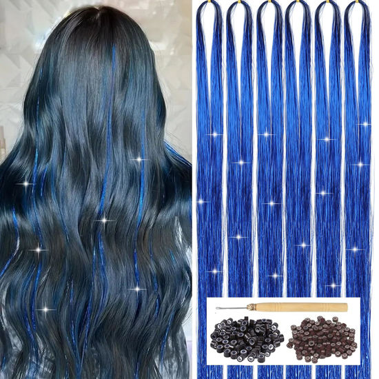 Picture of Blue Hair Tinsel Kit with Tool 6pcs 1200 Strands Glitter Tinsel Hair Extensions Heat Resistant Sparkling Shiny Fairy Hair Accessories for Women Girls Kids 47Inch
