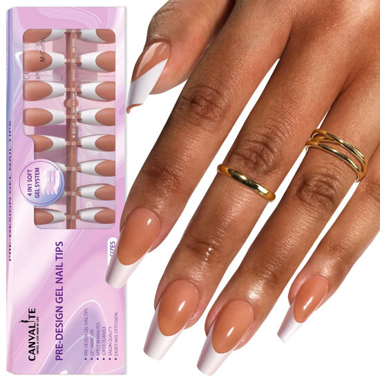 Picture of Canvalite French Tip Press on Nails Gel Nail Tips - 300Pcs Pre-Colored Quick and Easy Fake Nails with Designs Coffin Nails Tips Press on Nails Long DIY Nail Extensions, Nude White