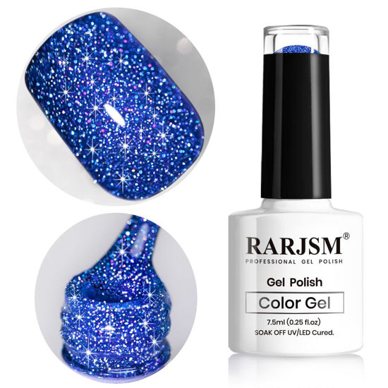 Picture of RARJSM Reflective Glitter Gel Polish Royal Blue Sparkle Iridescent Rainbow Shimmer Dark Blue Gel Nail Polish 7.5ml Soak Off Sparkle Flash Disco Diamond Nail Gel Polish Salon DIY Home Manicure
