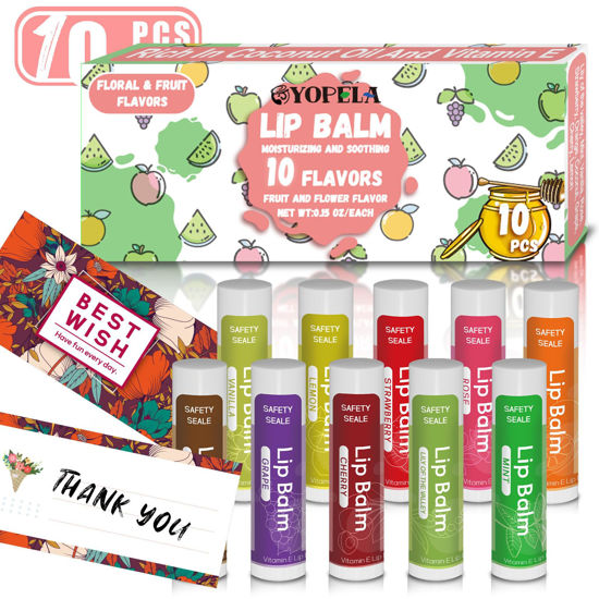 Picture of 10 Pack Natural Lip Balm Bulk with Vitamin E and Coconut Oil Valentine's Day best choice - Moisturizing, Soothing, and Repairing Dry and Chapped Lips Valentine's Gift - 10 Flavors - Non-GMO