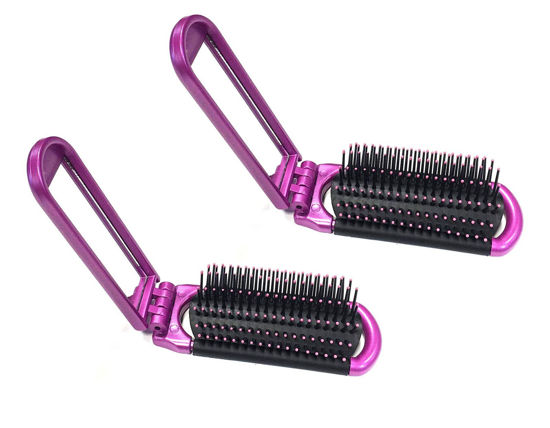 Picture of 2 Pink ALAZCO Folding Hair Brush With Mirror Compact Pocket Size Travel Car Gym Bag Purse Locker Swimming Camping Sleepover Gift and more