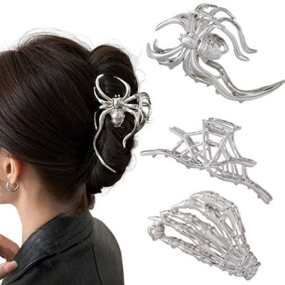 Picture of Hair Claw Clips for Women Girls, 3PCS Skeleton Hand Spider Web and Large Spider Punk Metal Alloy Hair Accessories Decorations for Thick Hair Styling Tools Gift(Silver Color)