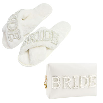 Picture of Kovewon Bridal Shower Gifts, Bride to Be Letter Makeup Bag with Pearl Rhinestone Fuzzy Bride Slippers Wedding Engagement Gifts for Her, Bachelorette gifts for bride Women