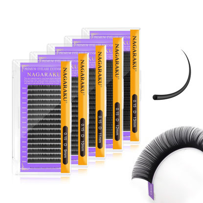 Picture of NAGARAKU 5 Trays Eyelash Extensions Individual Lashes 0.15mm D curl 9/10/11/12/13mm in 1 pack Classic Matte Black Natural Professional Faux Mink 16 rows