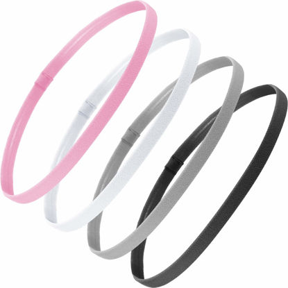Picture of 4 Pieces Thick Non-Slip Elastic Sport Headbands Hair Headbands for Women and Men (Black, White, Gray, Pink)