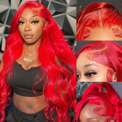 Picture of Avolo 13x4 Red Human Hair Wigs 32 Inch Red Colored Human Hair Lace Front Wigs Body Wave Red Lace Front Wig Human Hair Pre Plucked Red Wig Human Hair With Baby Hair 180% Density Glueless Wig
