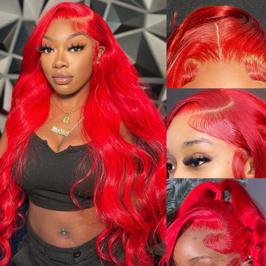 Picture of Avolo 13x4 Red Human Hair Wigs 32 Inch Red Colored Human Hair Lace Front Wigs Body Wave Red Lace Front Wig Human Hair Pre Plucked Red Wig Human Hair With Baby Hair 180% Density Glueless Wig