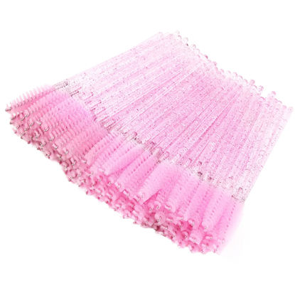 Picture of BTYMS 100 Pieces Disposable Lash Wands Eyelash Brushes with Crystal Handle Eyebrow Brushes Spoolies for Eyelash Extensions - Pink