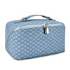 Picture of stona Travel Makeup Bag for Women, Large Capacity PU Leather Waterproof Checkered Cosmetic Bags, Portable Pouch Open Flat Toiletry Bag, Make up Organizer with Divider and Handle, Light Blue