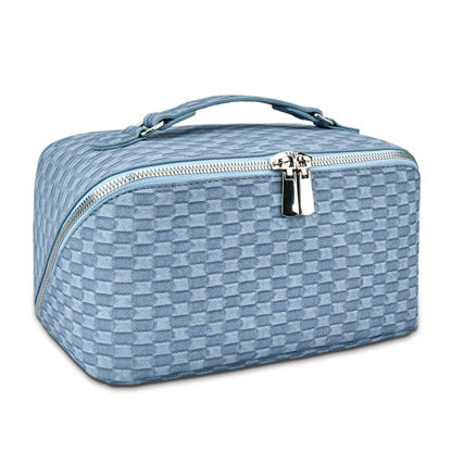 Picture of stona Travel Makeup Bag for Women, Large Capacity PU Leather Waterproof Checkered Cosmetic Bags, Portable Pouch Open Flat Toiletry Bag, Make up Organizer with Divider and Handle, Light Blue