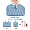 Picture of stona Travel Makeup Bag for Women, Large Capacity PU Leather Waterproof Checkered Cosmetic Bags, Portable Pouch Open Flat Toiletry Bag, Make up Organizer with Divider and Handle, Light Blue