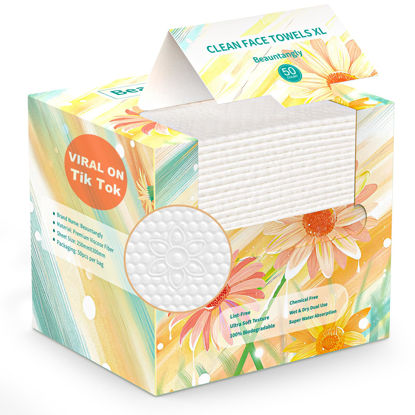 Picture of Beauntangly Disposable Face Towel, XL Unscented Facial Towelettes Soft Thick Absorbent, Lint-Free Biodegradable Makeup Remover Dry Wipes Clean Skin Care Washing Drying Camping Travel Essentials, 50 Ct