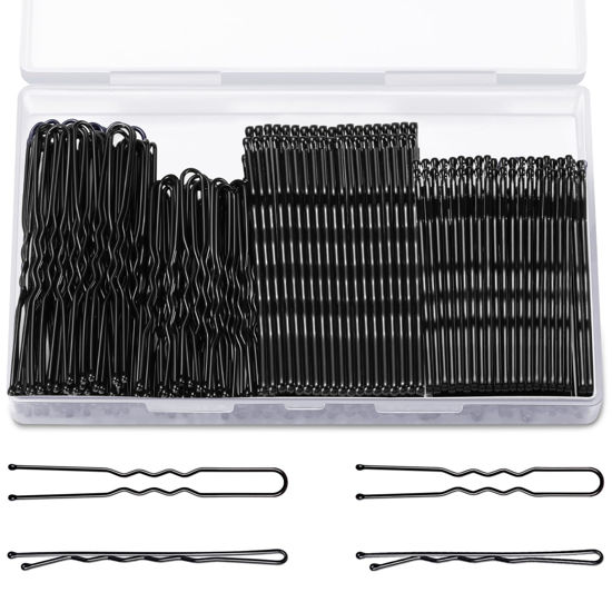 Picture of TsMADDTs Bobby Hair Pins Kit, 200PCS U Shaped Bobby Pins Black for Women, Ballet Buns with Box, 2.4IN and 2IN