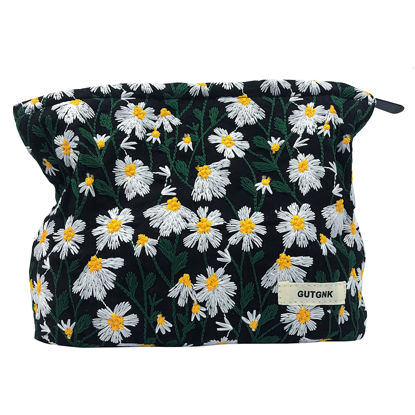 Picture of GUTGNK Corduroy Ladies Cosmetic Bag, Large Capacity Canvas Cosmetic Bag Travel Toiletry Bag Accessories Organizer, Black Chrysanthemum