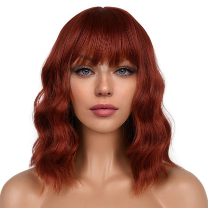 Picture of LANCAINI Short Bob Wigs with Bangs for Women Loose Wavy Wig Curly Wavy Shoulder Length Bob Synthetic Cosplay Wig for Girl Colorful Costume Wigs (Auburn)