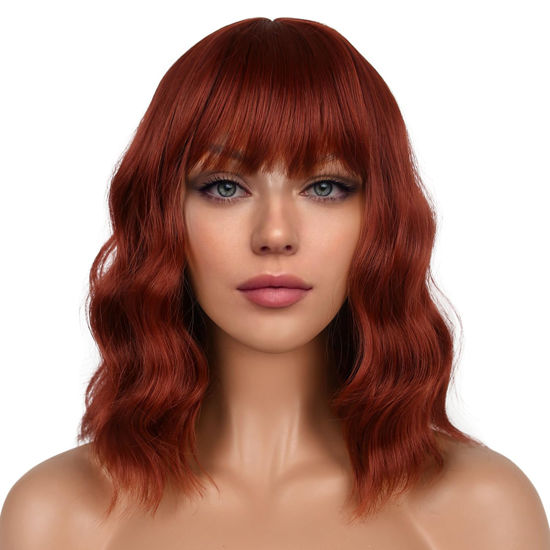 Picture of LANCAINI Short Bob Wigs with Bangs for Women Loose Wavy Wig Curly Wavy Shoulder Length Bob Synthetic Cosplay Wig for Girl Colorful Costume Wigs (Auburn)