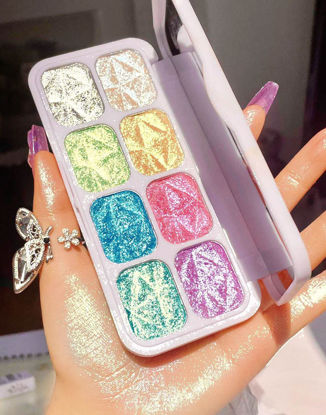 Picture of 8 Color Face Cheek Highlighter Makeup Palette Shimmer Glitter Iridescent Multichrome Holographic Eyeshadow Palette Purple Rainbow Glitter Highlighter Makeup Highlight and Contour Palette Eye Makeup